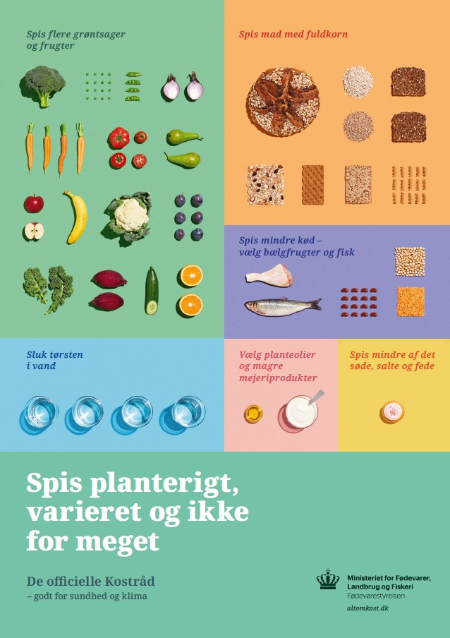 Illustration af de officielle kostråd med billeder af grøntsager, fuldkorn, fisk, planteolier og mejeriprodukter.